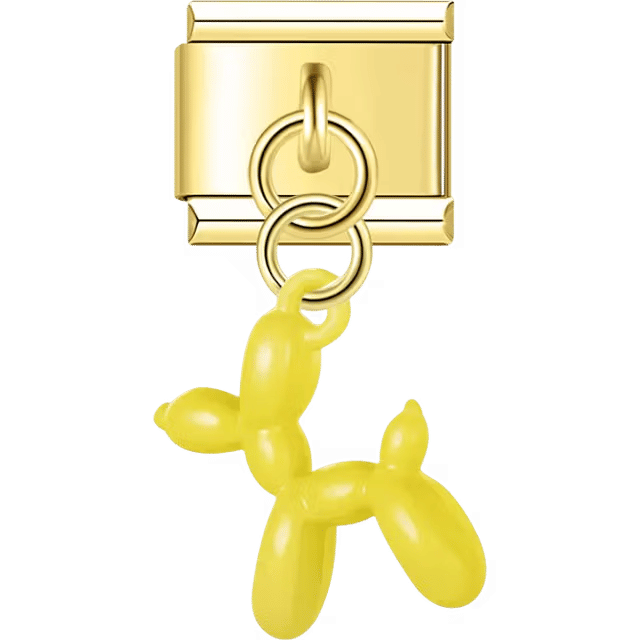 Gold Italian charm dangle with a yellow balloon dog figurine hanging from two gold rings.